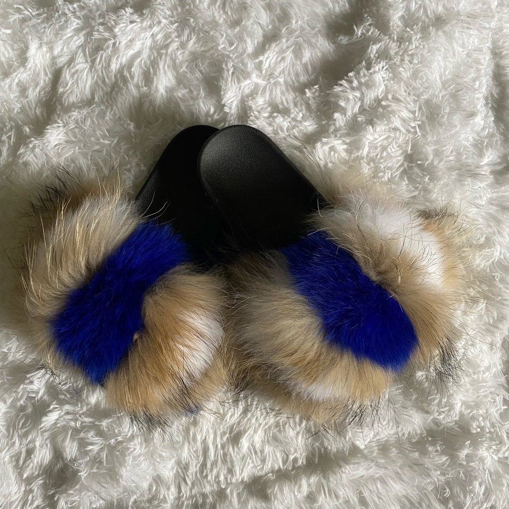 Blue Brown and White Fur Slides
